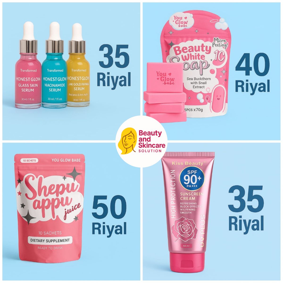 Shepu appu + Kiss beauty sunscreen + Beauty white soap + Transformed Honest Glow Niacinamide Serum