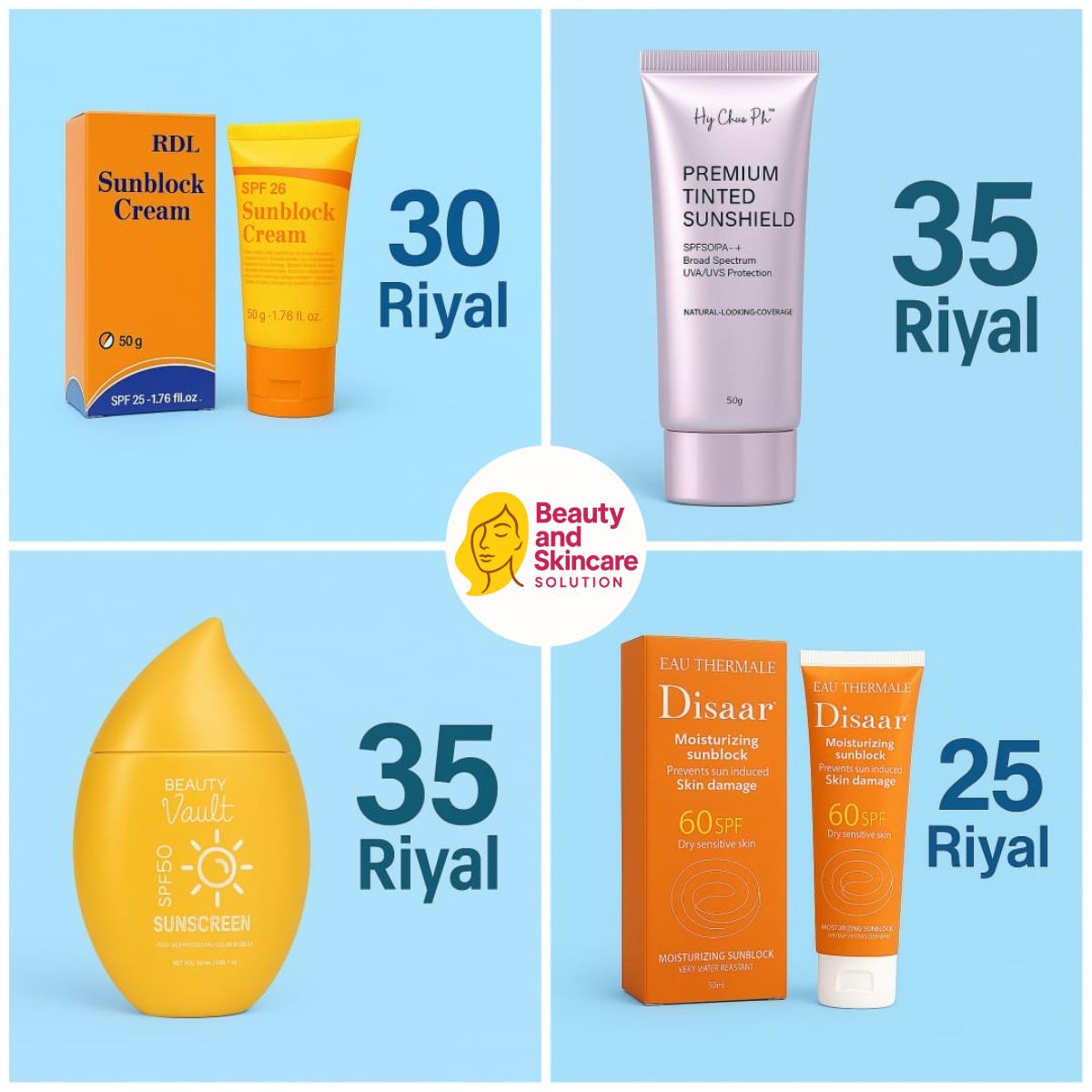 RDL Sunblock + Beauty Vault Sunscreen + Premium Tinted Sunshield + Disaar Sunscreen